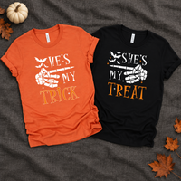 Matching Halloween Couple Shirts, He’s My Trick She’s My Treat Skeleton T-Shirts, Funny Couples Costume