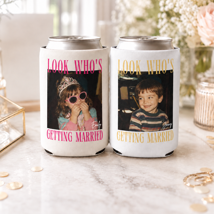 Look Who’s Getting Married Custom Photo Can Coolers, Personalized Bride and Groom Wedding Favors, Bachelorette Party Gifts