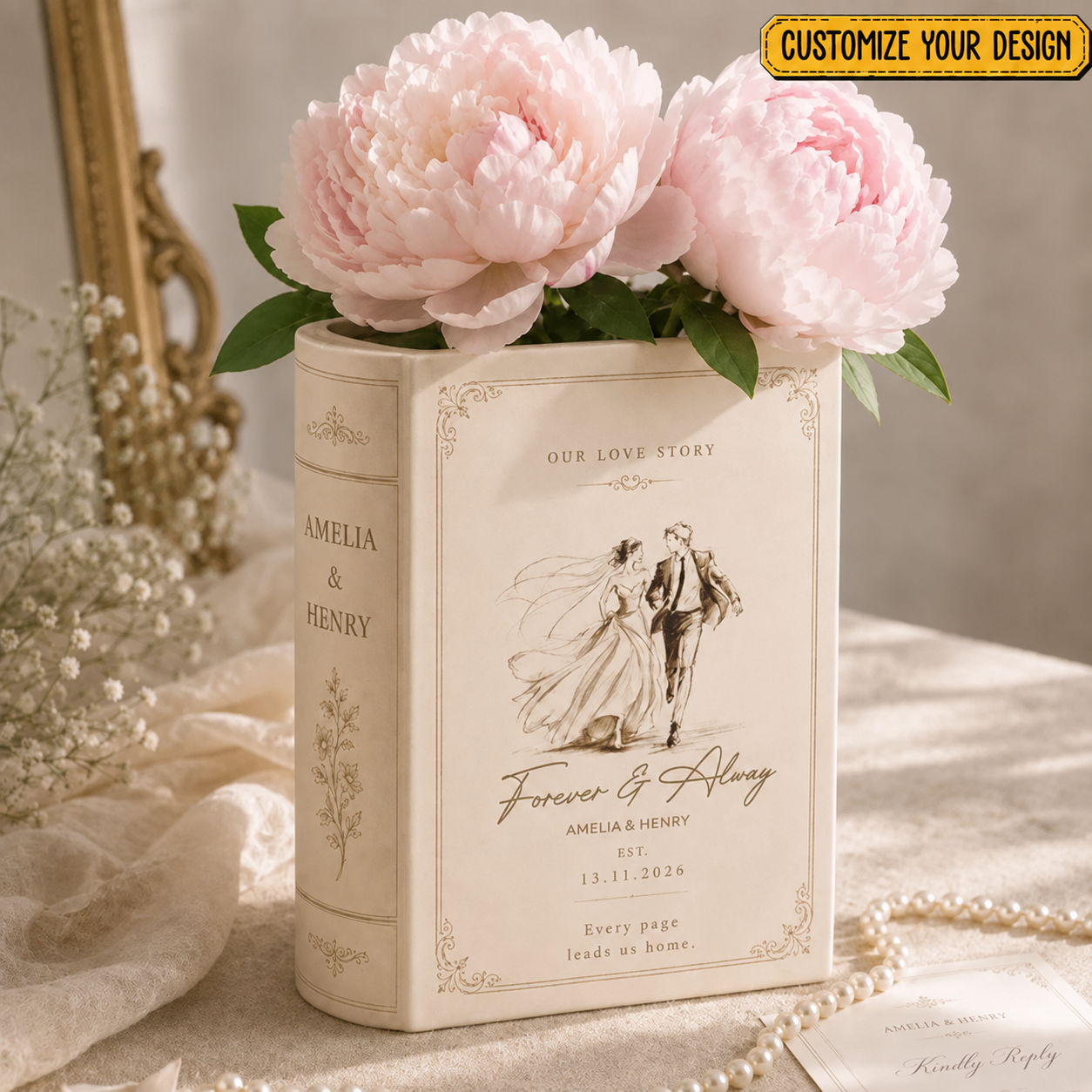 Custom Toile De Jouy Ceramic Book Vase, Personalised Bridal Shower Gift, Wedding Gift for Couple, Newlywed Home Decor