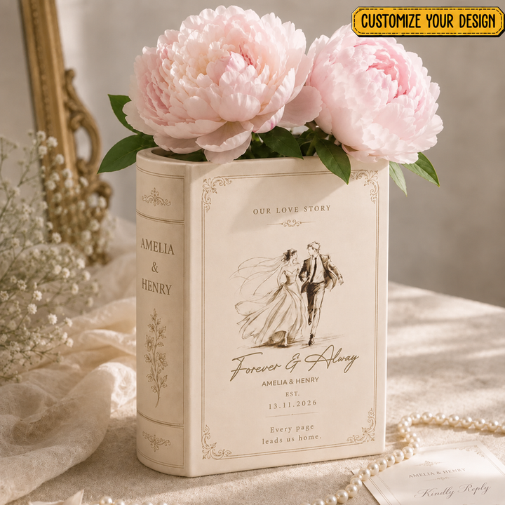 Custom Toile De Jouy Ceramic Book Vase, Personalised Bridal Shower Gift, Wedding Gift for Couple, Newlywed Home Decor