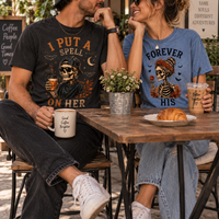Halloween Matching Couple Shirts, Matching Skeleton Couple Tees, I Put a Spell on Her & Forever His, Spooky Couples Halloween Gift