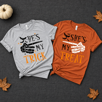 Matching Halloween Couple Shirts, He’s My Trick She’s My Treat Skeleton T-Shirts, Funny Couples Costume