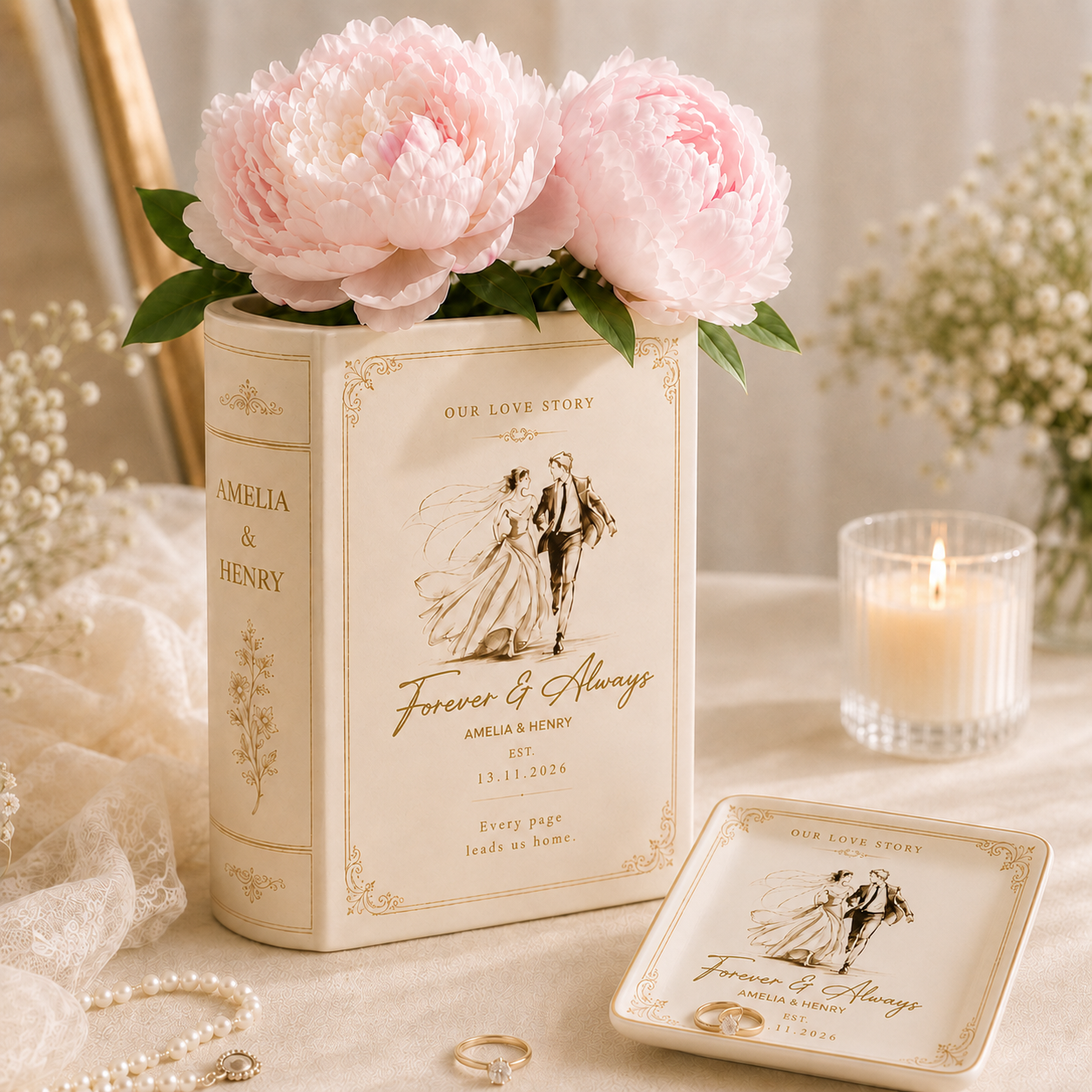 Custom Toile De Jouy Ceramic Book Vase, Personalised Bridal Shower Gift, Wedding Gift for Couple, Newlywed Home Decor