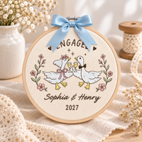 Personalized Embroidered Wedding Goose Ornament, Custom Names Year, First Christmas Hoop, Funny Engagement Gift,Silly Geese Engaged Keepsake