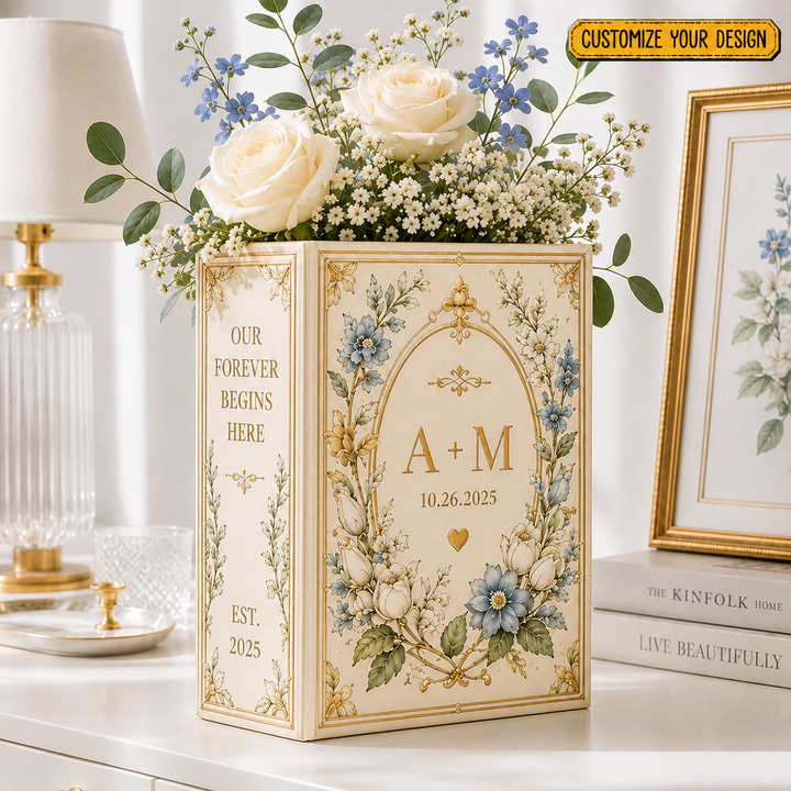 Personalized Wedding Book Vase, Custom Ceramic Flower Vase, Couple Name Decor, Bridal Shower Gift, Engagement Gift, Book Lover Keepsake
