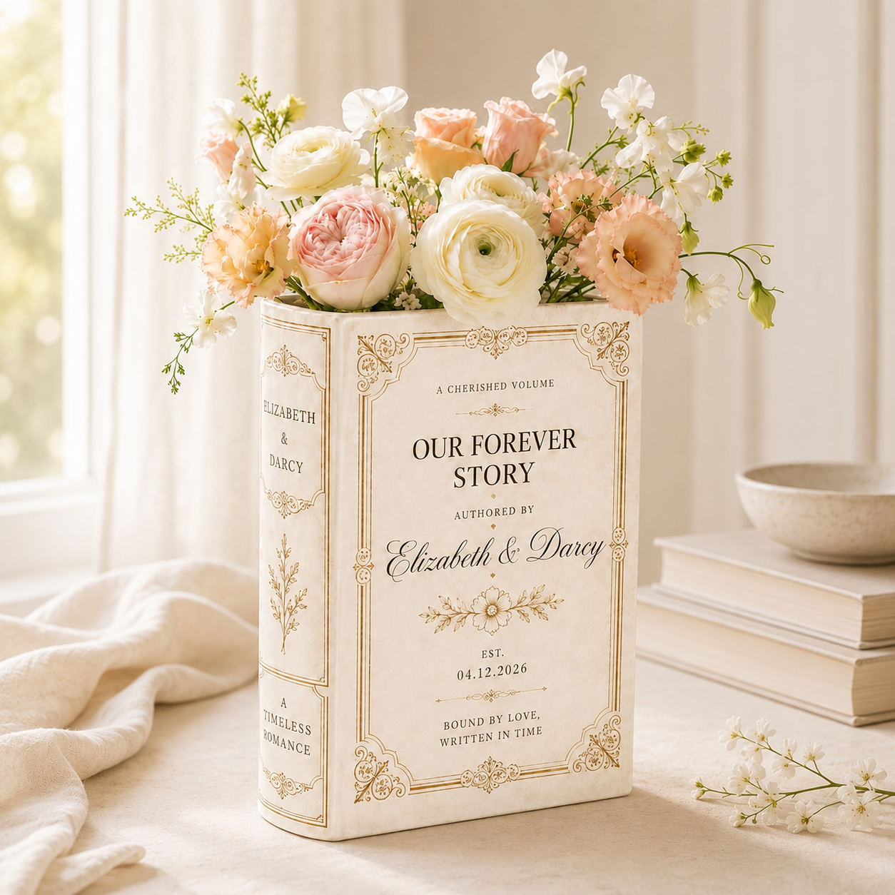 Personalized Ceramic Book Vase, Custom Couple Names and Wedding Date, Love Story Wedding Keepsake