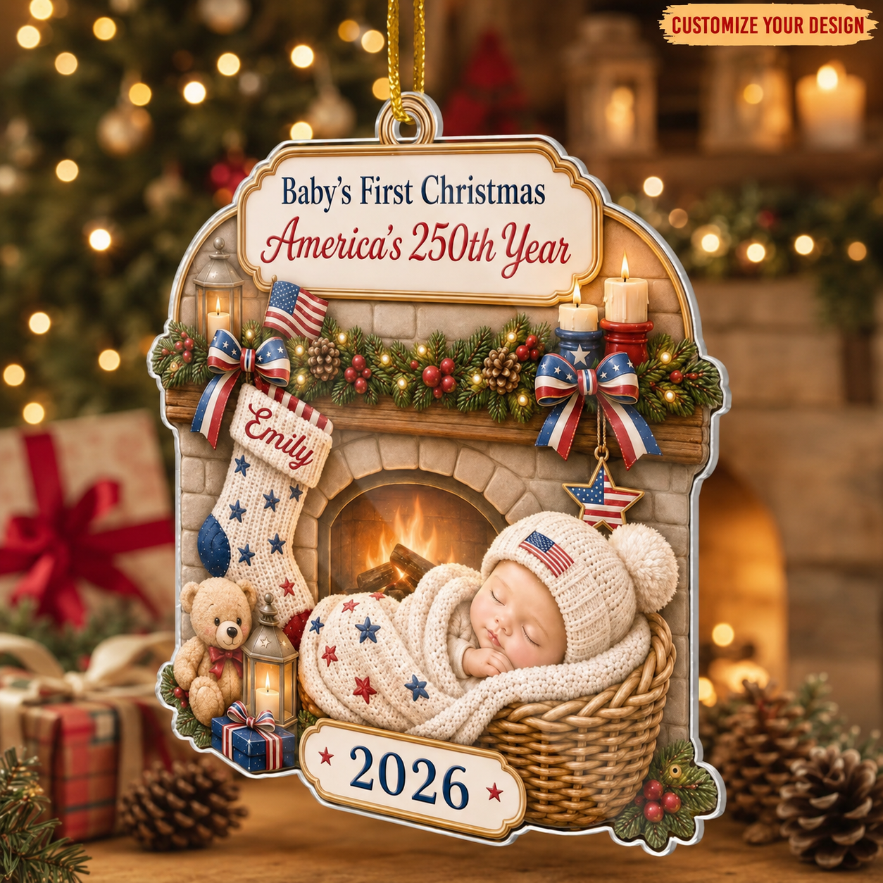 Custom Baby’s First Christmas Ornament 2026, America 250th Anniversary Newborn Gift & Family Keepsake
