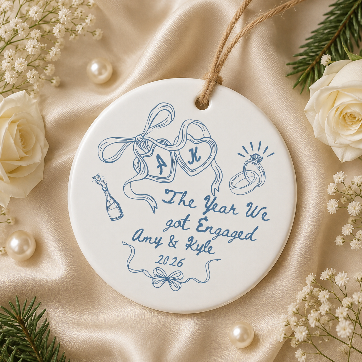 Personalized Engagement Ceramic Ornament, Custom Names & Year Keepsake for Couples, The Year We Got Engaged Gift for Bride-to-Be