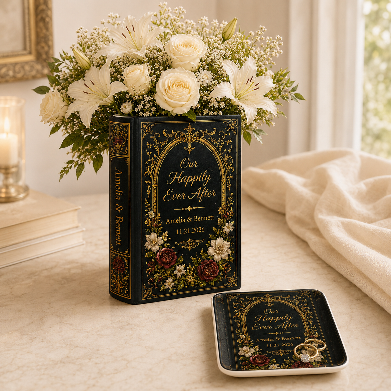 Custom Wedding Book Vase, Personalized Couple Name Flower Vase, Gothic Floral Ceramic Book Vase