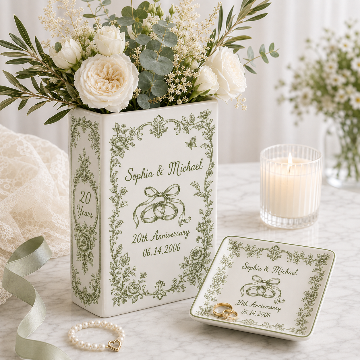 Personalized Love Story Vase & Jewelry Dish, Custom Wedding Anniversary Gift, Romantic Couple Keepsake Set