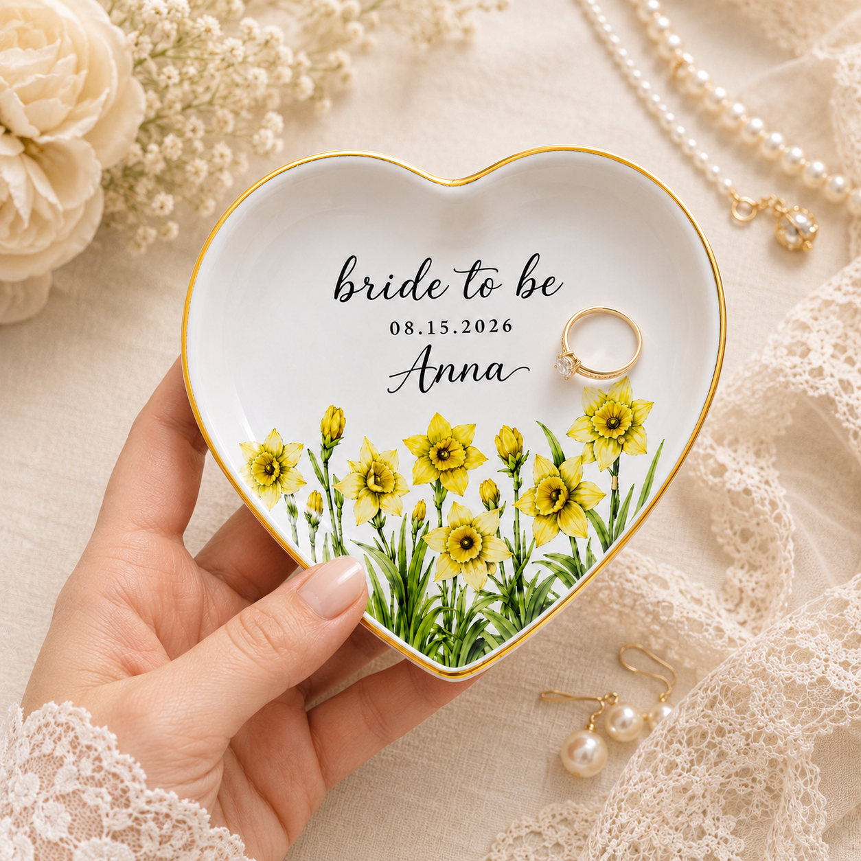 Personalized Birth Flower Wedding Jewelry Dish - Gift for Bride, Mom, Bridesmaid, Bachelorette Trip, Bridal Shower Gift