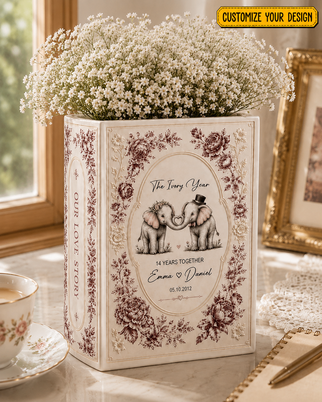 Personalized Elephant Couple Vase & Jewelry Dish, Custom Wedding Anniversary Gift, Romantic Love Story Keepsake Set