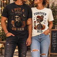 Halloween Matching Couple Shirts, Matching Skeleton Couple Tees, I Put a Spell on Her & Forever His, Spooky Couples Halloween Gift