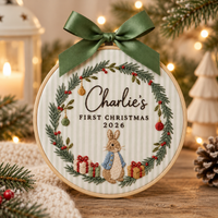 Personalized Bunny Wreath Christmas Ornament, Embroidered Baby First Christmas Name Hoop, Baby 1st Christmas Ornament, Baby Shower Gift