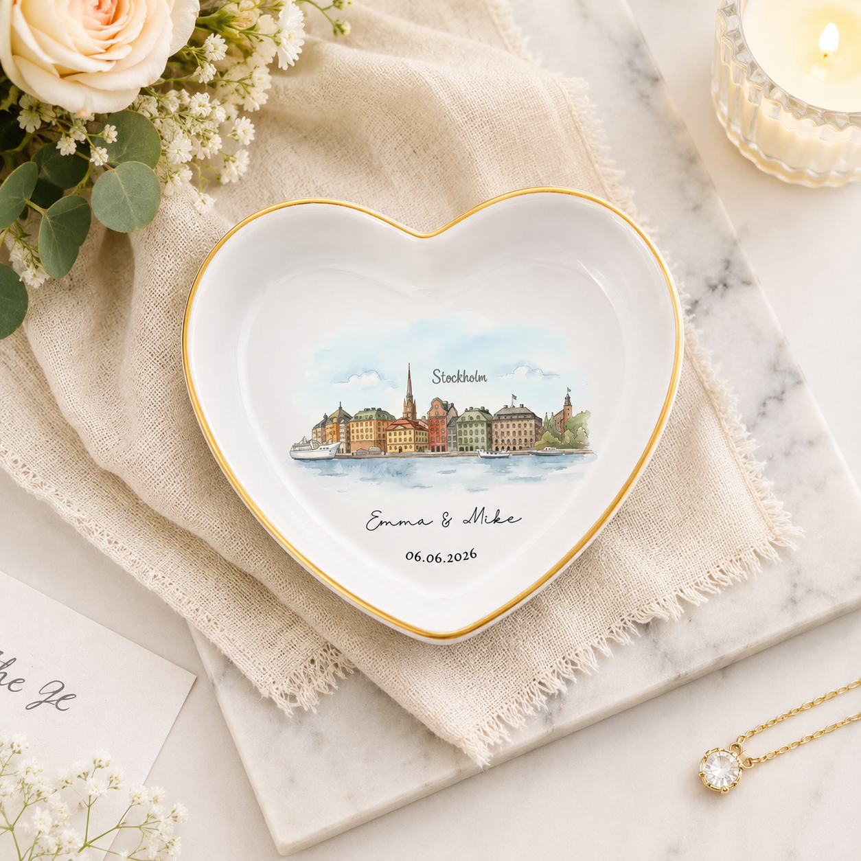 Custom Skyline Ring Dish, Personalized Engagement Trinket Tray for Couples ,Watercolor Landscape Wedding Keepsake