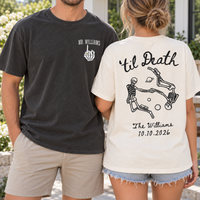 Personalized Til Death Skeleton Couple Shirts, Custom Mr & Mrs Wedding Tees, Last Name & Date Newlywed Shirts, Gothic Wedding Gift