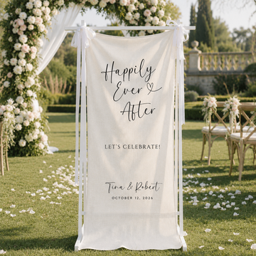 Personalized Linen Wedding Welcome Sign for Wedding Reception, Custom Couple Names & Date Happily Ever After Banner, Wedding Ceremony Decor
