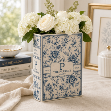 Custom Toile Monogram Ceramic Book Vase, Last Name Floral Vase, Housewarming Gift for Newly Married Couple Family Keepsake