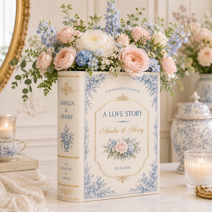 Personalized Ceramic Book Vase & Jewelry Dish Set , Custom Wedding Love Story Flower Vase With Names and Wedding Date