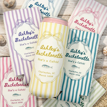 Personalized She’s a Catch Bachelorette Can Cooler, Custom Coastal Can Sleeve, Fisherman Bridal Party Favor, Beach Bach Gift