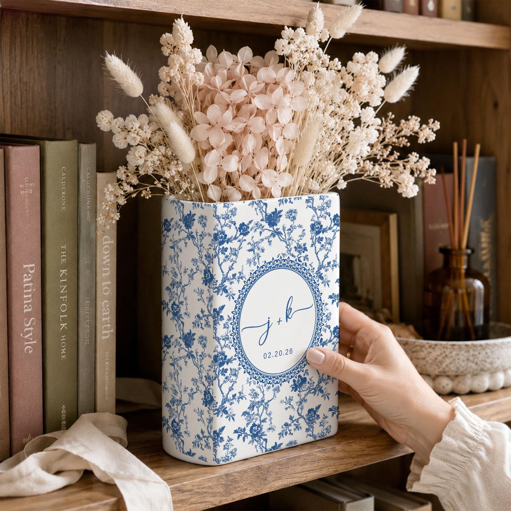 Personalized Wedding Ceramic Book Vase, Custom Wedding Vase, Toile de Jouy Vase, Couple Initial Gift, Bridal Shower Gift