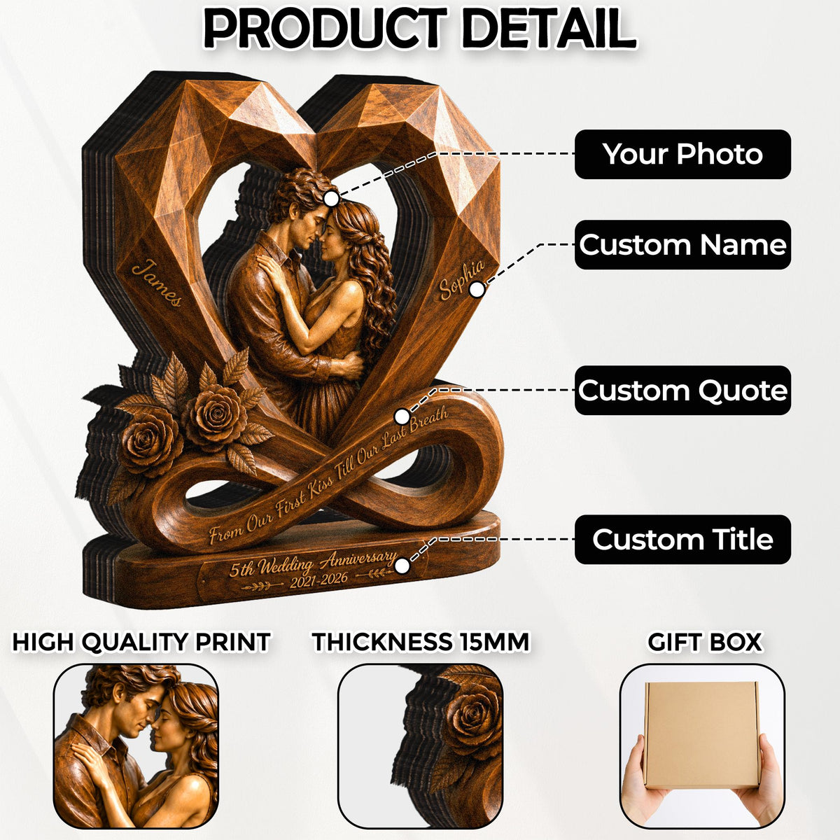 Personalized Couple Photo Infinity Heart Wooden Block, Custom Anniversary Gift image 3