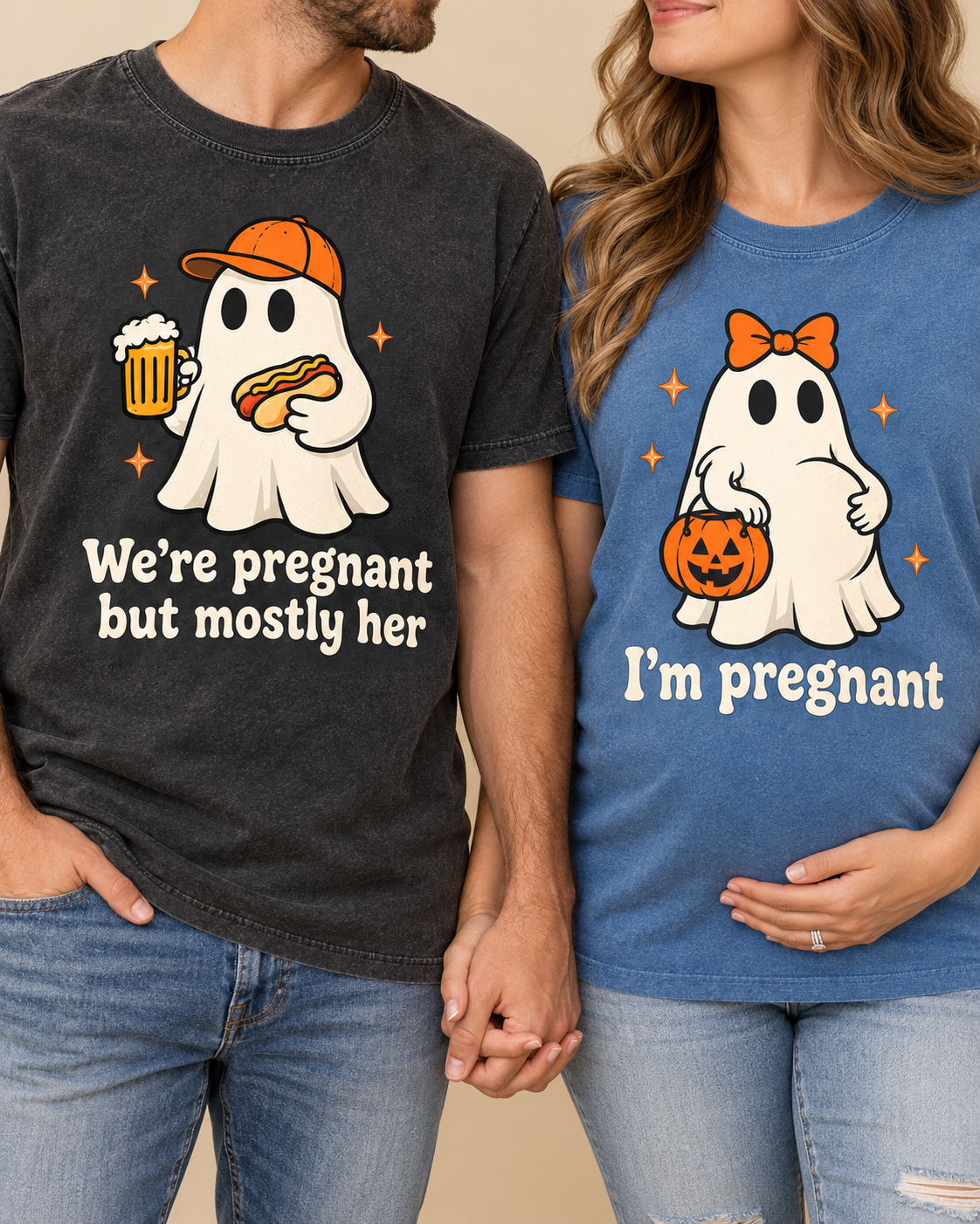 Matching expecting parents ghost tees close-up