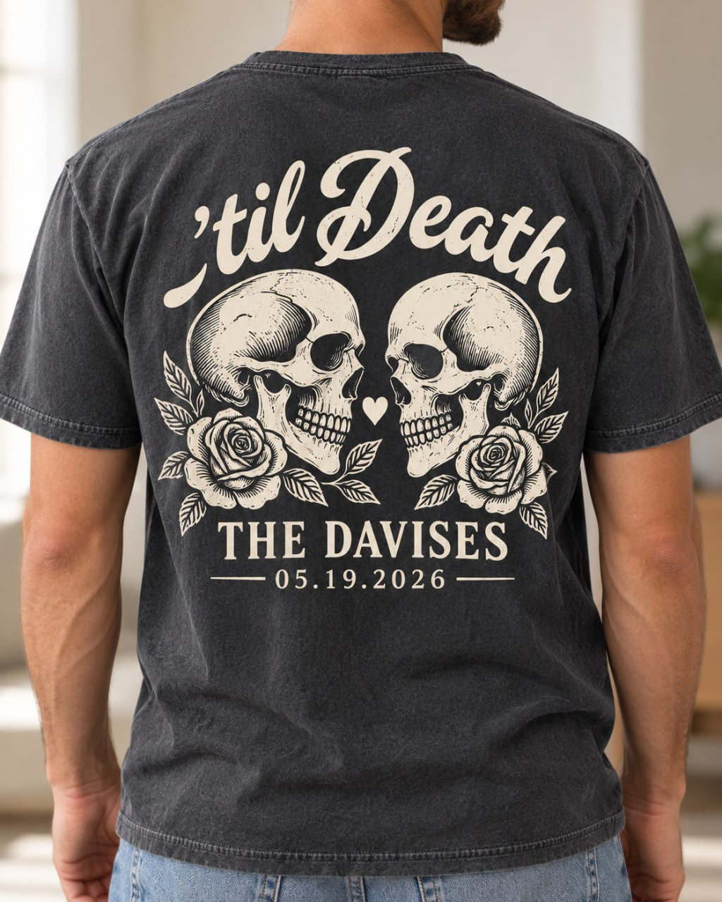 Vintage 'Til Death personalized wedding tee back print