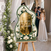 Emerald Green Floral Stained Glass Wedding Welcome Sign, Custom Couple Names, Text and Date, Personalized Reception Decor
