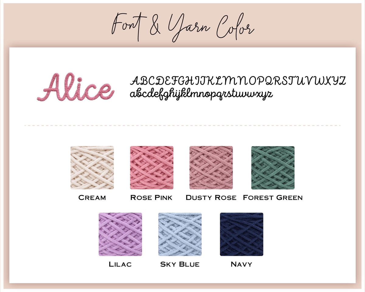 Seersucker makeup bag embroidery font and yarn color chart