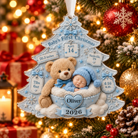 Personalized Baby & Teddy Birth Stats Tree Ornament – First Christmas