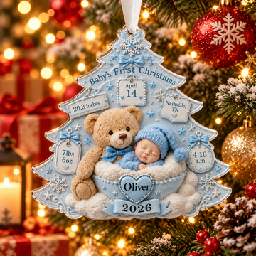 Personalized Baby & Teddy Birth Stats Tree Ornament – First Christmas