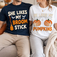 She Likes My Broomstick Shirt He Likes My Pumpkins Shirt Funny Halloween Couples Outfit Spooky Season Matching T-shirts Risqué Adult Humor