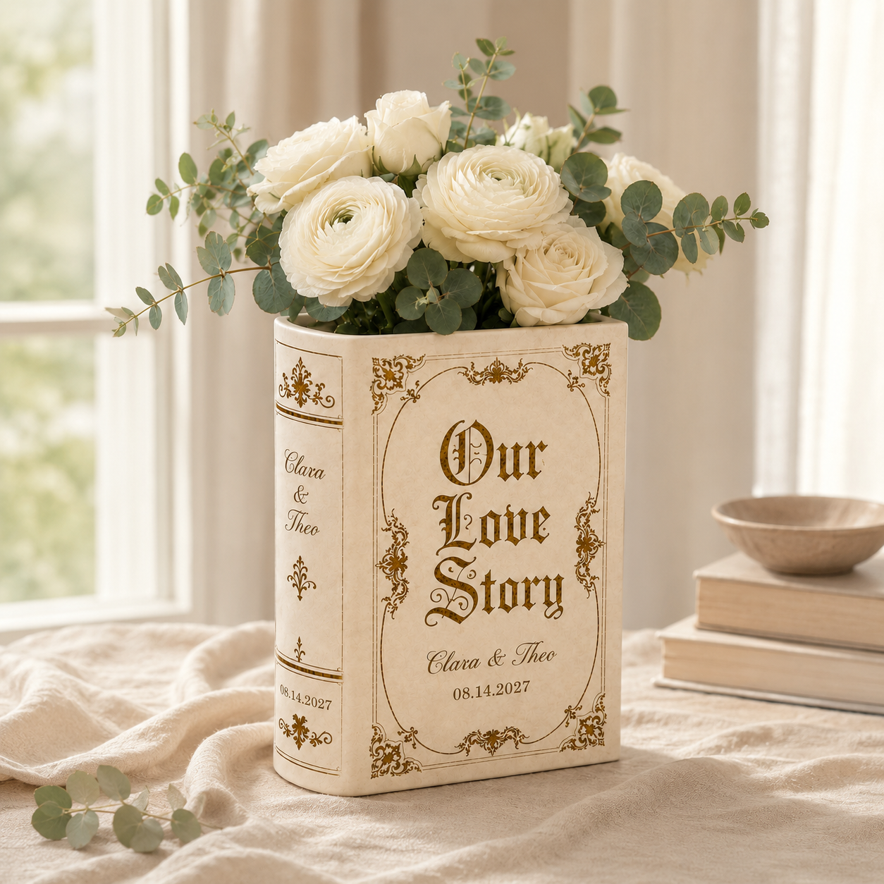 Personalized Vintage Wedding Book Vase & Jewelry Dish Set, Custom Couple Names & Wedding Date Flower Vase, Romantic Centerpiece,  Couple Keepsake