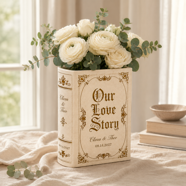 Personalized Vintage Wedding Book Vase & Jewelry Dish Set, Custom Couple Names & Wedding Date Flower Vase, Romantic Centerpiece,  Couple Keepsake