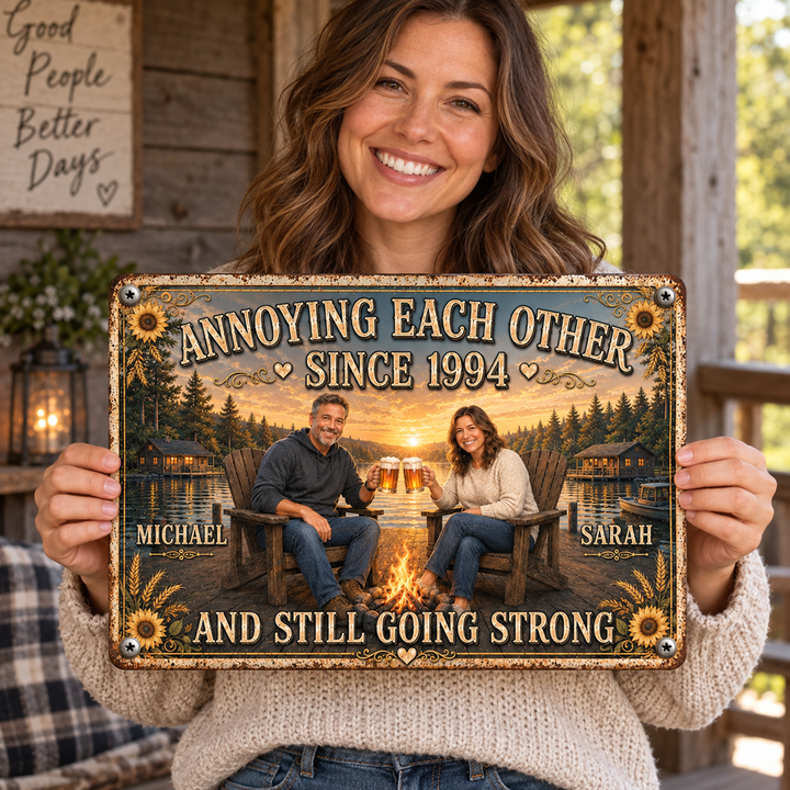 Personalized Couple Photo Names Date Metal Sign, Custom Annoying Each Other Garden Wall Decor, Sunflower Barley Anniversary Gift