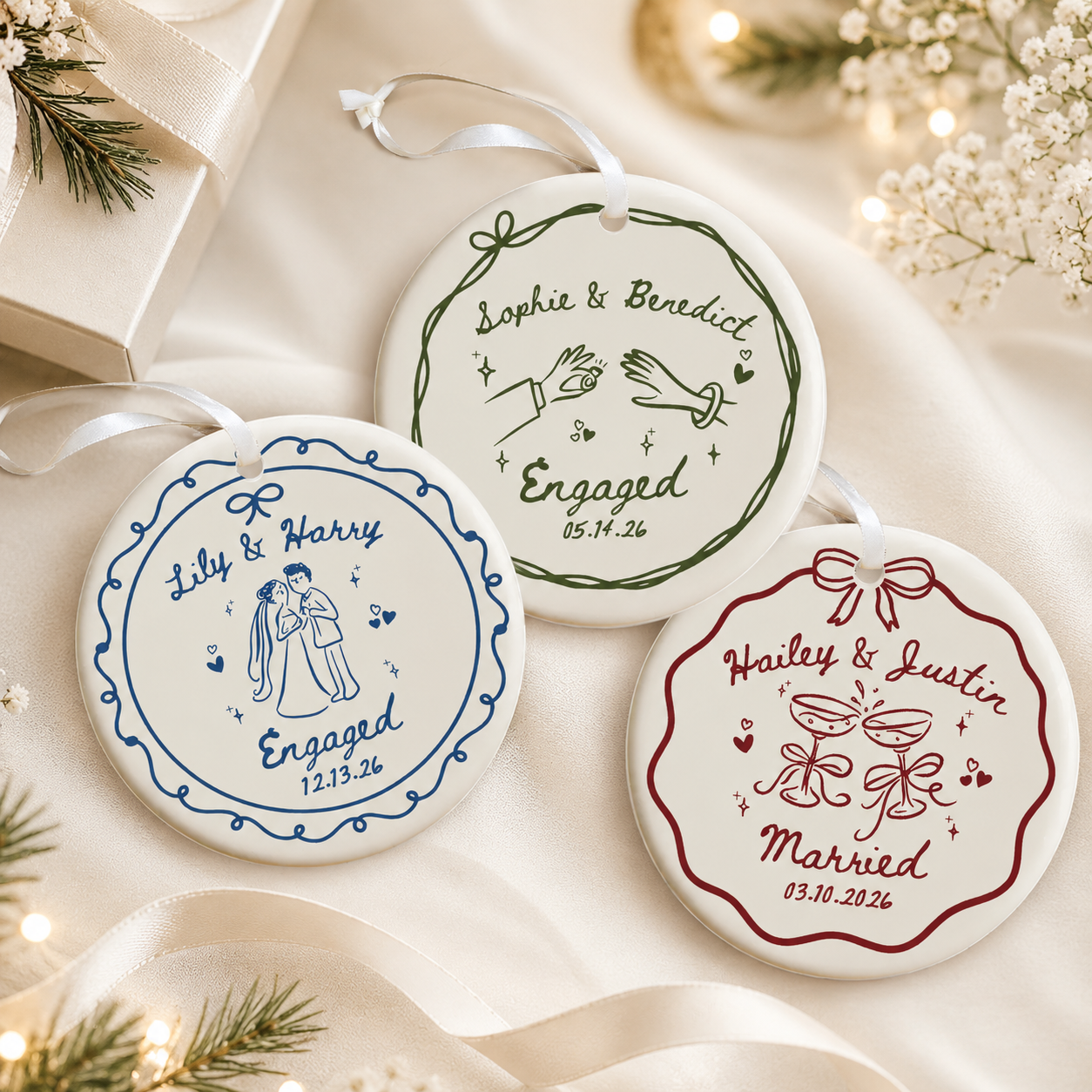 Personalized Engagement Ceramic Ornament for Couples, Custom Names & Date Keepsake, Wedding Gift for Bride & Groom