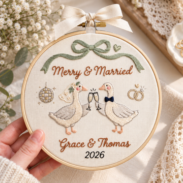 Personalized Merry & Married Goose Christmas Ornament, Custom Wedding Couple Embroidery Hoop