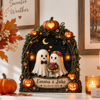Custom Halloween Ghost Couple Wooden Block, Personalized Names Date Spooky Love Decor, Pumpkin Wedding Anniversary Gift