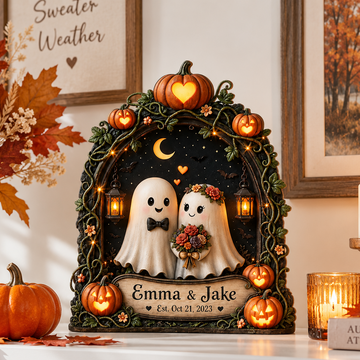 Custom Halloween Ghost Couple Wooden Block, Personalized Names Date Spooky Love Decor, Pumpkin Wedding Anniversary Gift