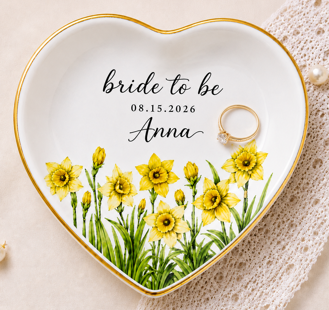 Personalized Birth Flower Wedding Jewelry Dish - Gift for Bride, Mom, Bridesmaid, Bachelorette Trip, Bridal Shower Gift