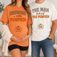 Custom Growing A Little Pumpkin T-Shirt, The Man Behind Tee, New Parents Gift, Pumpkin Couple Shirt, Autumn Mama Shirt