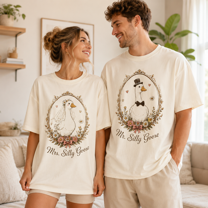 Matching Mr & Mrs Silly Goose Couple Shirts for Wedding, Bride Groom Goose T-Shirts, Funny Newlywed Gift for Couple, Wedding Weekend Outfit