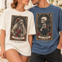 Bride & Groom Skeleton Tarot Card Shirts, Custom Date Tarot Card Wedding Tees, Gothic Wedding Couple Gift