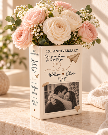 Personalized 1st anniversary photo ceramic book vase with pink and white flowers