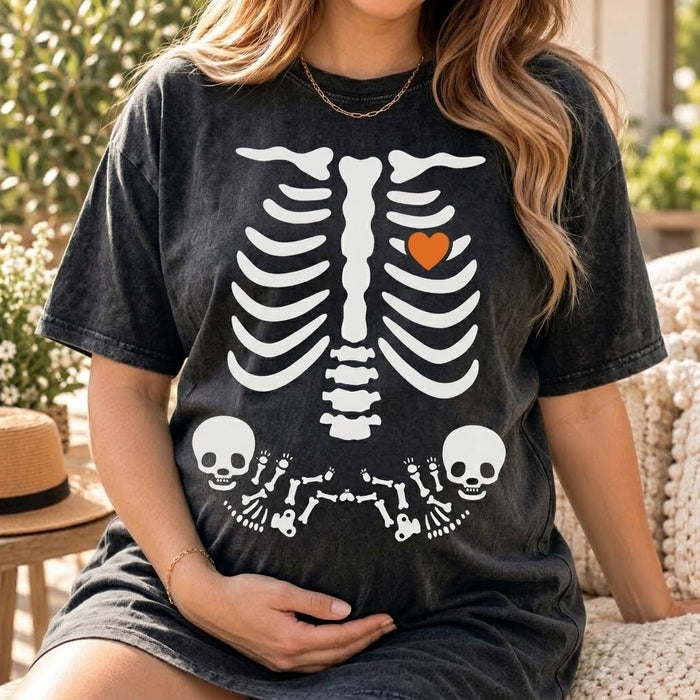 Skeleton Twin Pregnancy Announcement Shirt – Halloween Maternity Tee