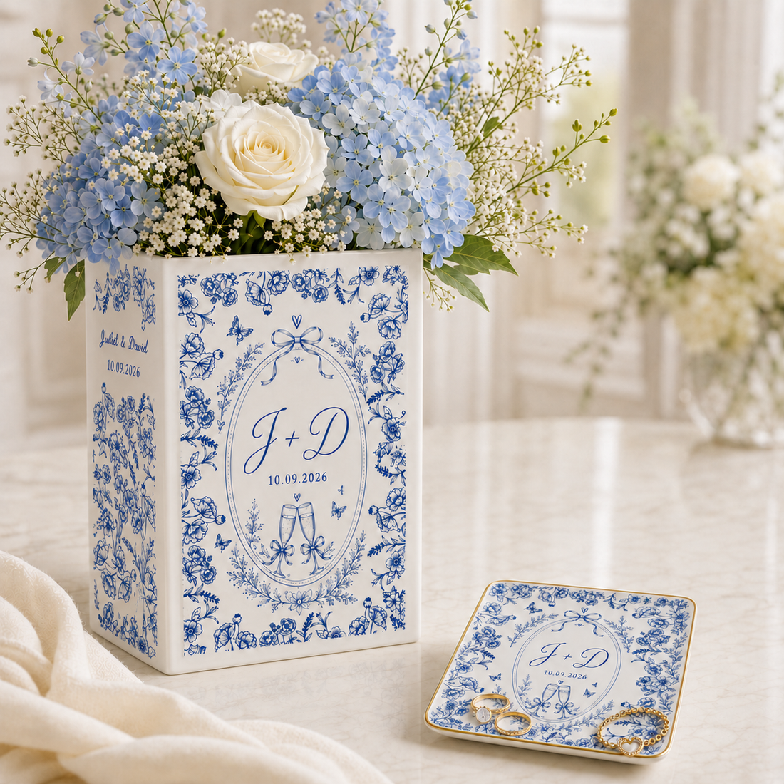 Custom Engagement Ceramic Book Vase, Personalized Toile de Jouy Wedding Flower Vase, Anniversary Bride to Be Keepsake, Wedding Couple Gift