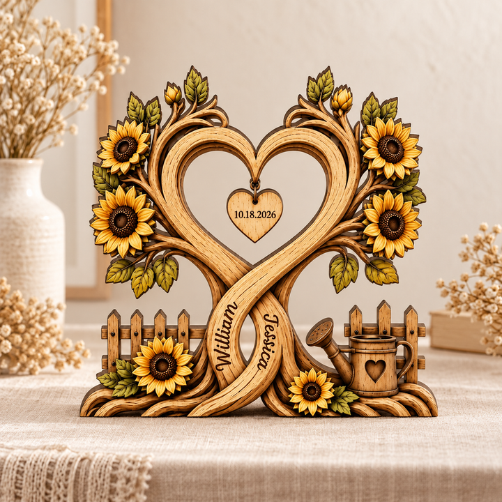 Personalized Sunflower Heart Tree Wooden Block, Custom Couple Name Sign, Wedding Anniversary Gift, Sunflower Home Decor, Wedding Gifts