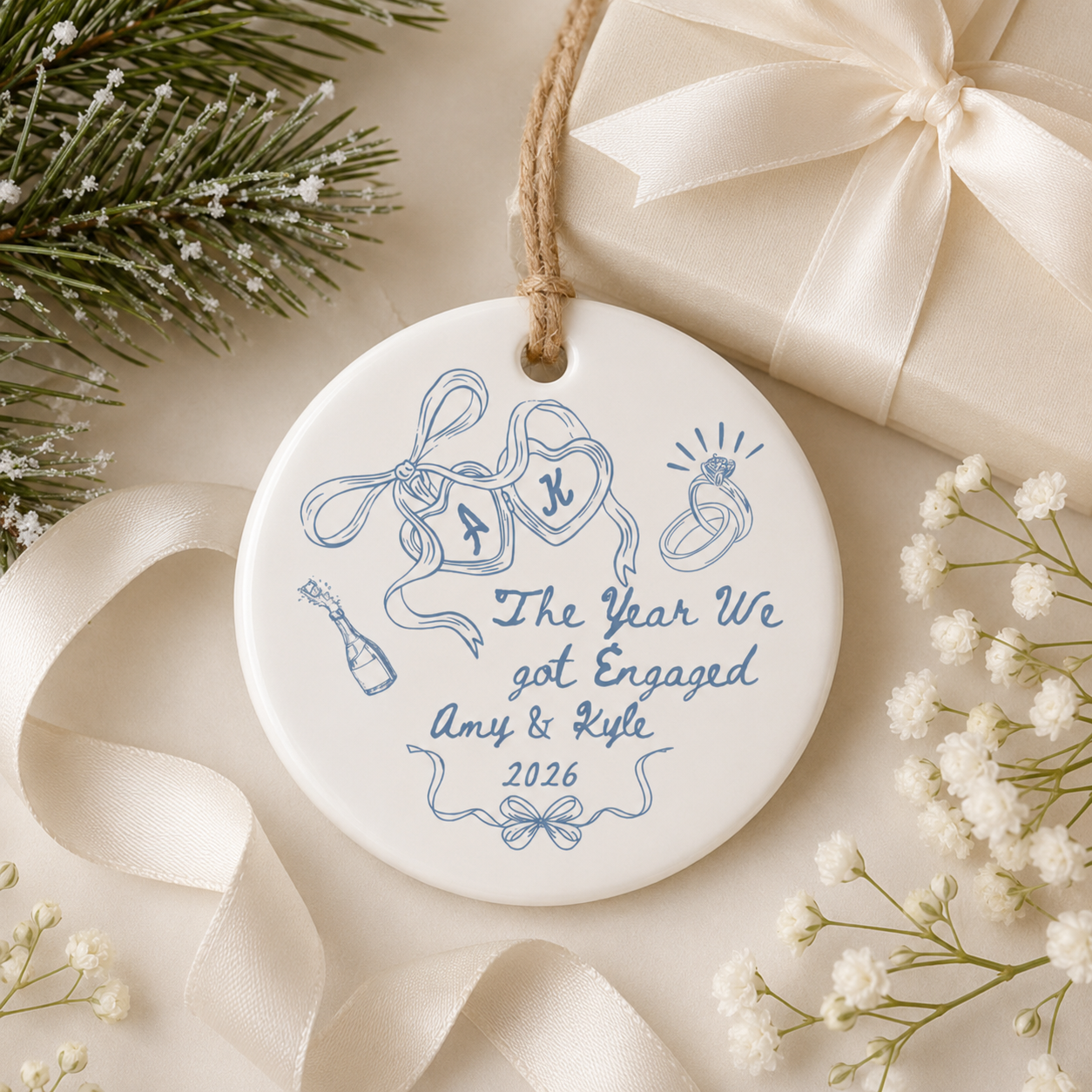 Personalized Engagement Ceramic Ornament, Custom Names & Year Keepsake for Couples, The Year We Got Engaged Gift for Bride-to-Be