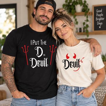 Funny Devil Couple Shirts for Halloween, Matching His and Hers Devil Tees, Spooky Couple Costume Shirtb